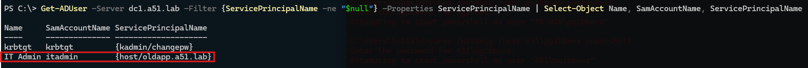 Identifying a shared IT admin account with a registered SPN (vulnerable to Kerberoasting)